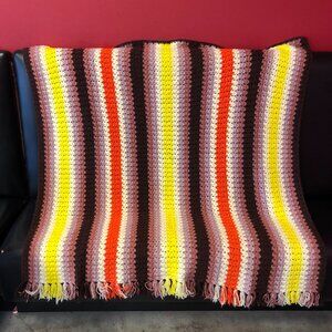 Afghan Blanket Hand Knit Brown White Yellow Orange Large 52" x 56" Vintage MCM